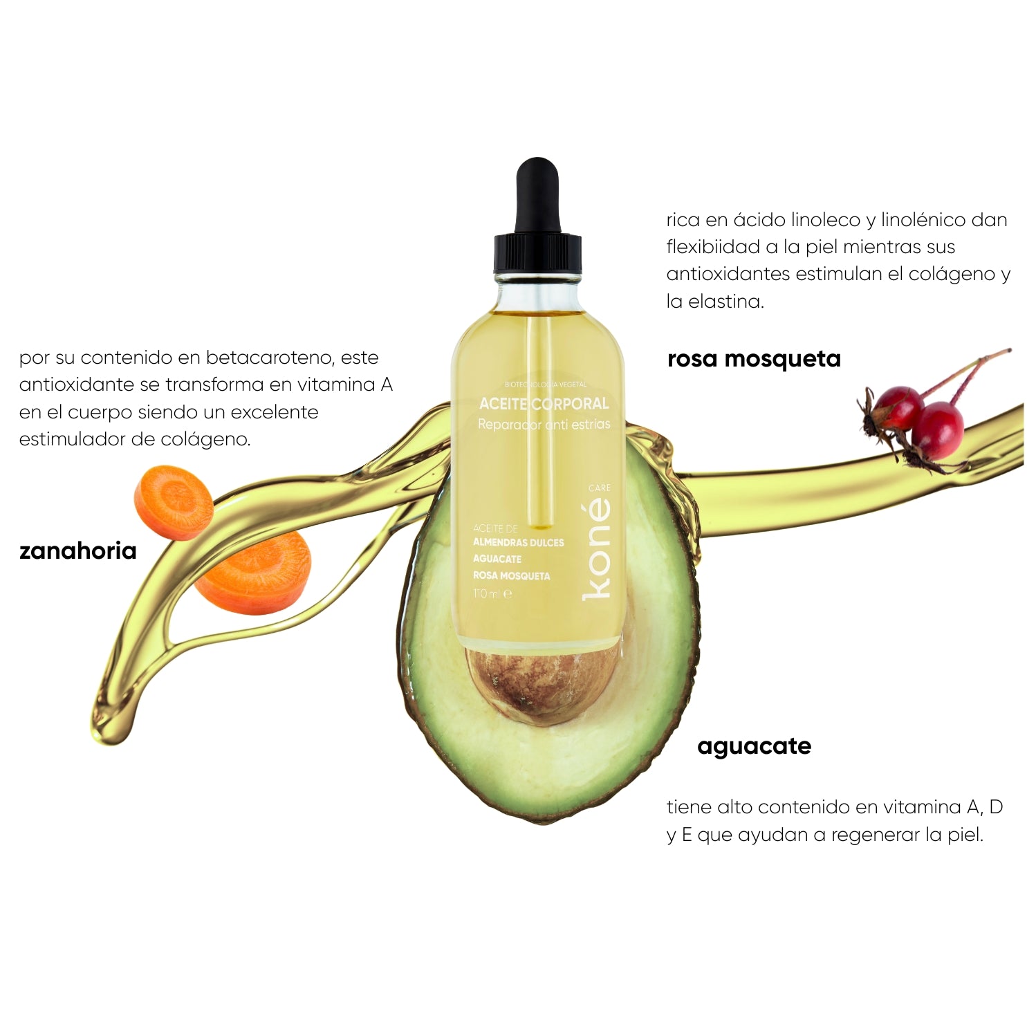 Aceite corporal anti estrías con ingredientes como germen de trigo, rosa mosqueta, aguacate y zanahoria. Hidratación y elasticidad.