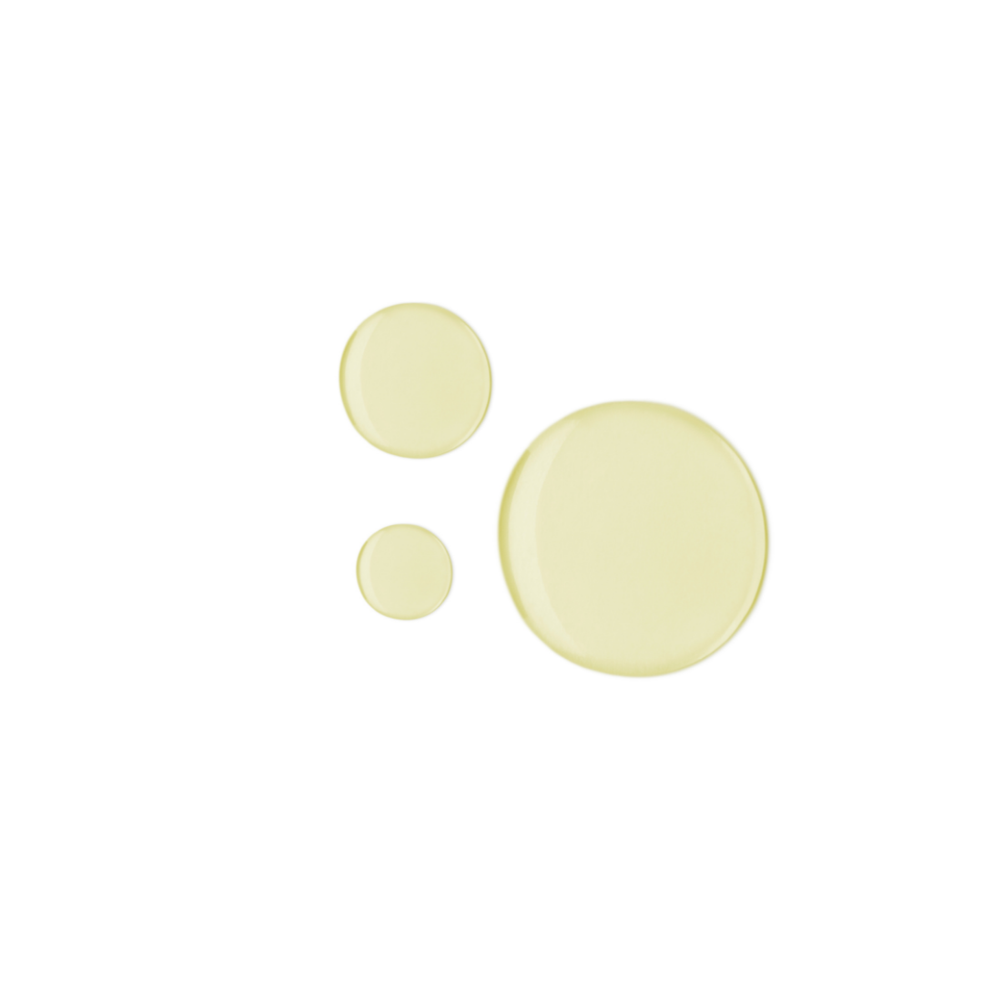 Aceite corporal anti estrías, gotas de aceite natural en tonos amarillos sobre fondo blanco.